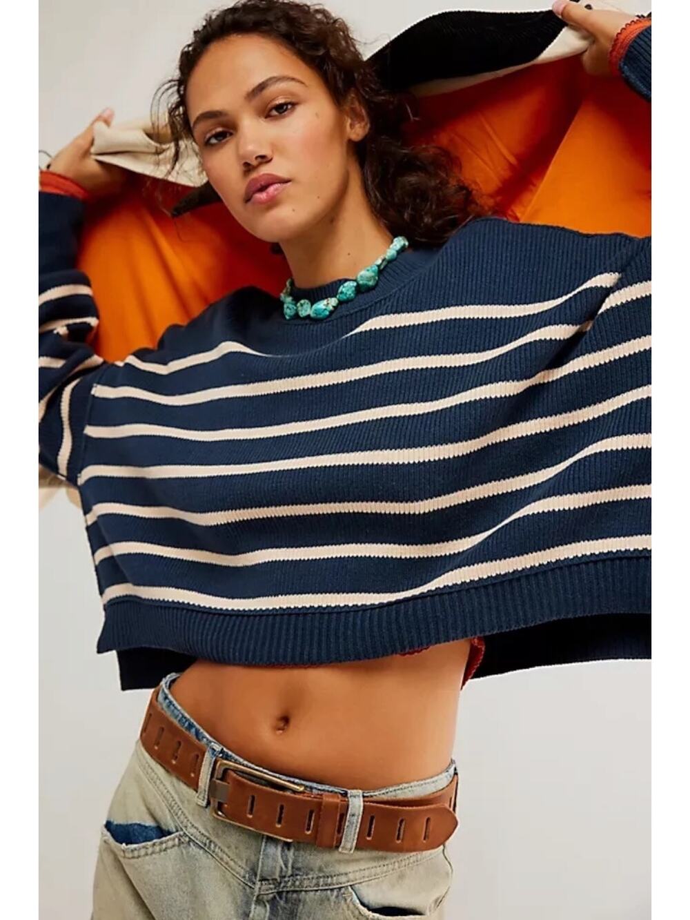 Free People Easy Street Stripe Crop Pullover Size Medium Navy Preppy Coastal